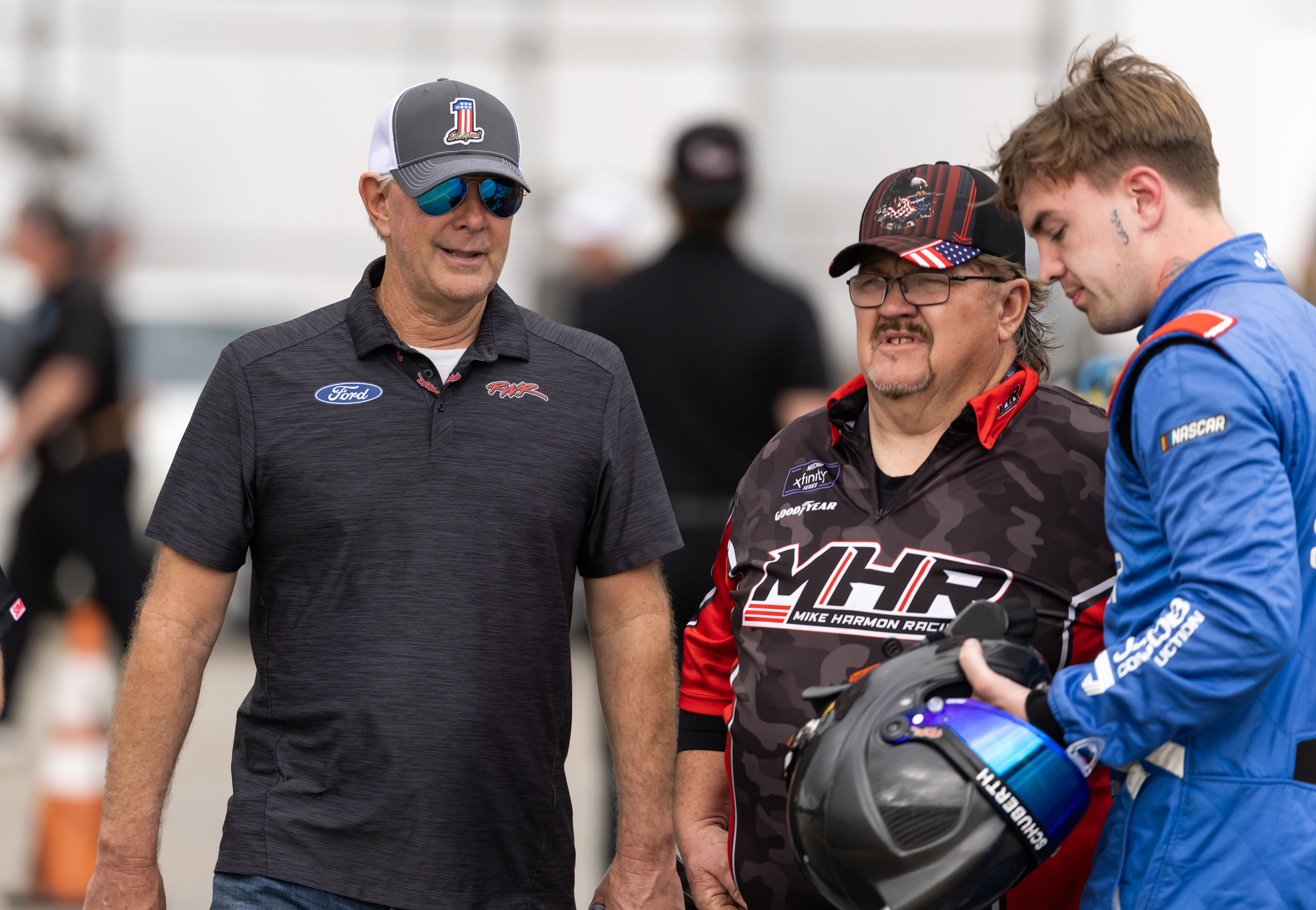 (L-R) NASCAR team owner Rick Ware, crew chief Mike Harmon (C), and Carson Ware at Daytona. Source: Imagn